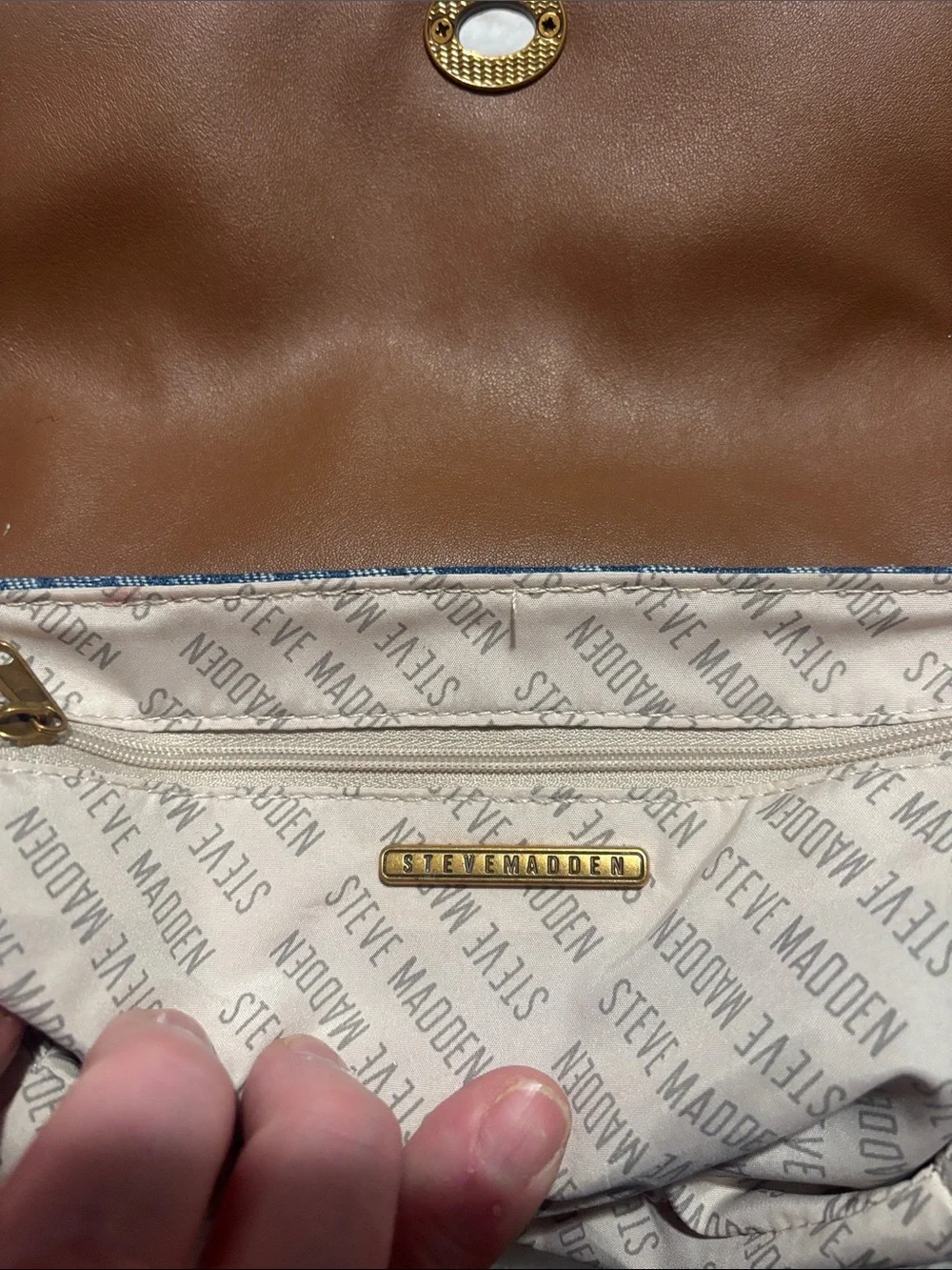 Steve Madden Blue Logo Denim Crossbody with Tan Trim and Orange Charm